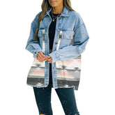 Aztec Denim Jacket for Women Distressed Lapel Long Sleeve Coat-Pink