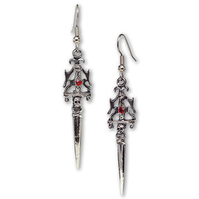 Gothic Skull Dagger Dangle Earrings with Red Crystals