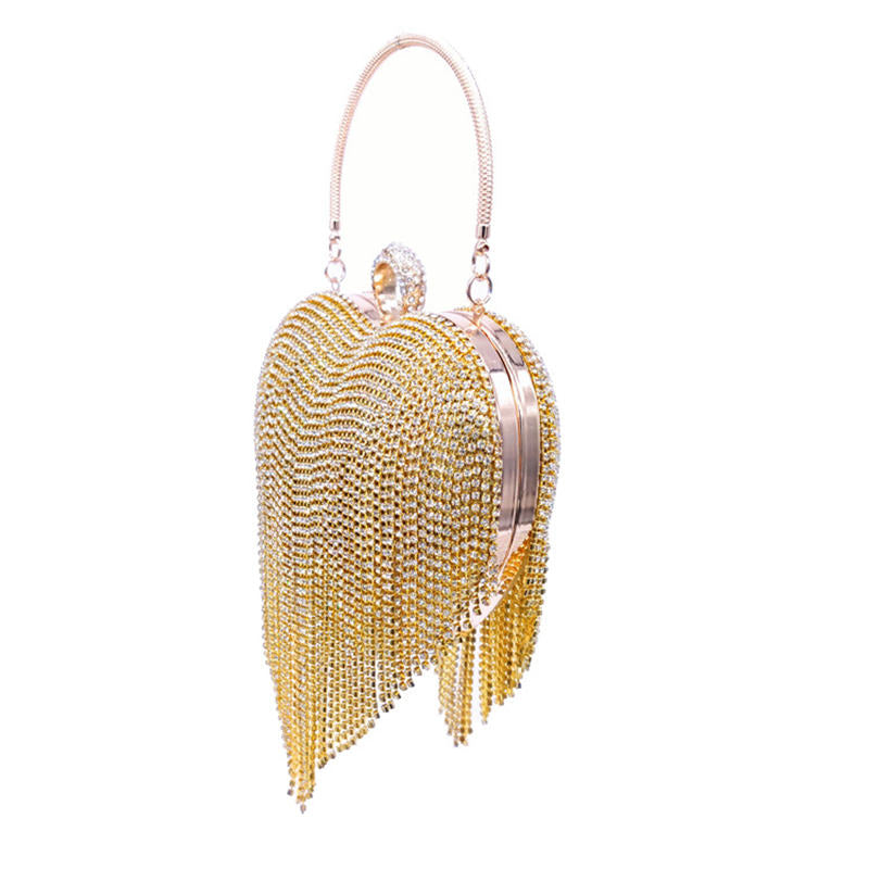 Women Luxury Heart Shape Tassel Evening Clutch Bag Rhinestones Wedding Party Purse-Gold