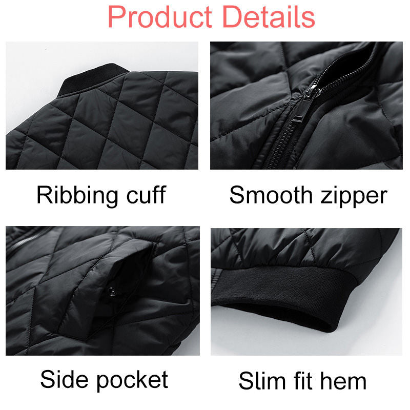 Mens Bomber Jacket Diamond Quilted Jackets Winter Warm Padded Coats-Black