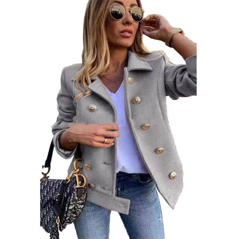 Womens Peacoat Double Breasted Lapel Casual Cropped Jackets Winter-Grey