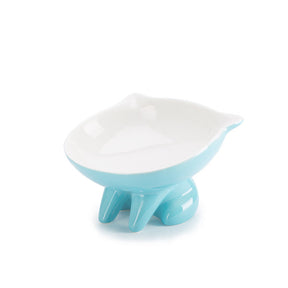 Raised Ceramic Cat Food Q Bowl Dish Tilt Angle Protect Cats Spine-Blue