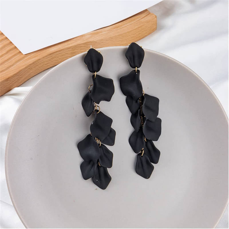 Long Drop Rose Petal Earrings for Women and Girls-Black