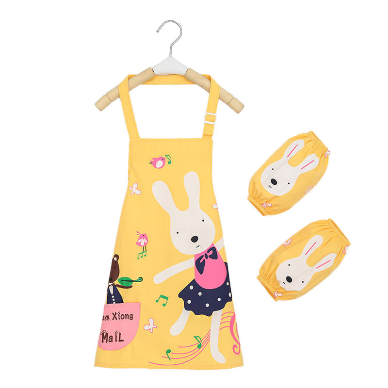 Kids Waterproof Apron Cooking Bib with Sleeve Covers for Painting-Yellow Ballet Rabbit