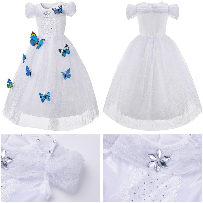 Girls Princess Dress with Accessories Butterflies Tulle Party Gown-White