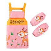 Children Cartoon Waterproof Apron with Sleeve Covers for Painting Cooking-Pink Deer