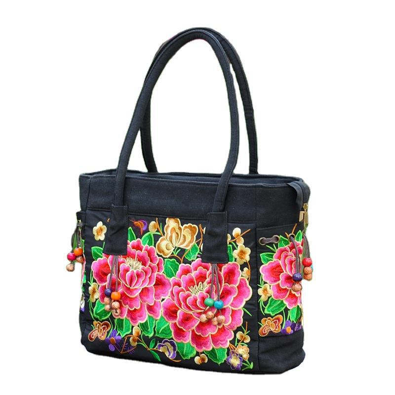 Embroidered Canvas Top Handle Handbag Ladies Casual Vintage Shoulder Bag-RedPeony