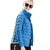 Lookbook Womens Lightweight Puffer Jacket Winter Stand Collar Short Coat-Lake Blue