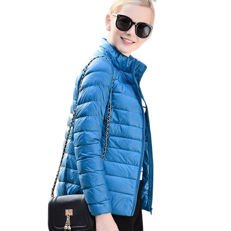 Lookbook Womens Lightweight Puffer Jacket Winter Stand Collar Short Coat-Lake Blue