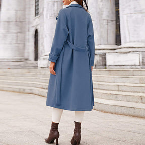 Lookbook Womens Elegant Woolen Coat Mid Length Trench Jacket with Belts-Blue