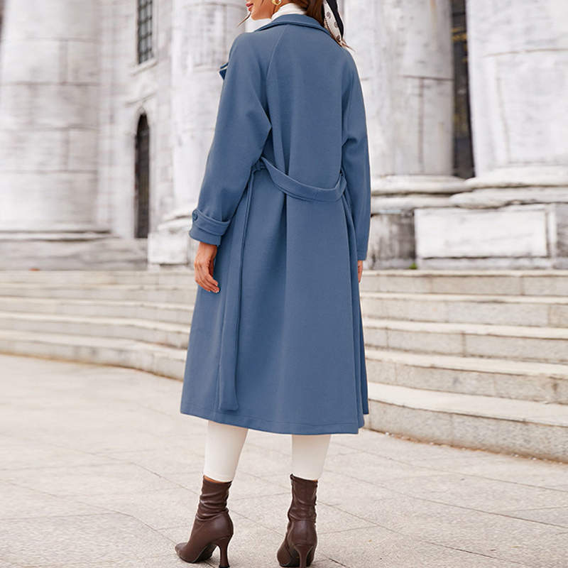 Lookbook Womens Elegant Woolen Coat Mid Length Trench Jacket with Belts-Blue