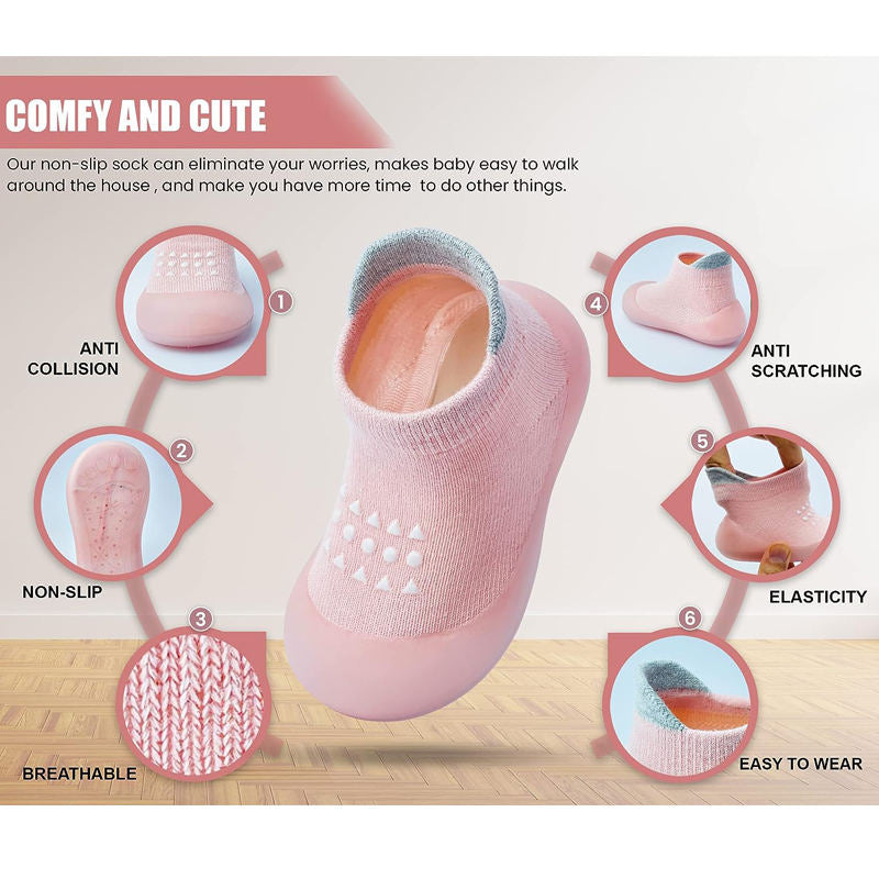 Baby Sock Shoes Soft Sole Non-Skid Slip On Sneakers First Walking-Pink
