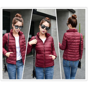 Lookbook Womens Lightweight Puffer Jacket Winter Stand Collar Short Coat-Wine Red