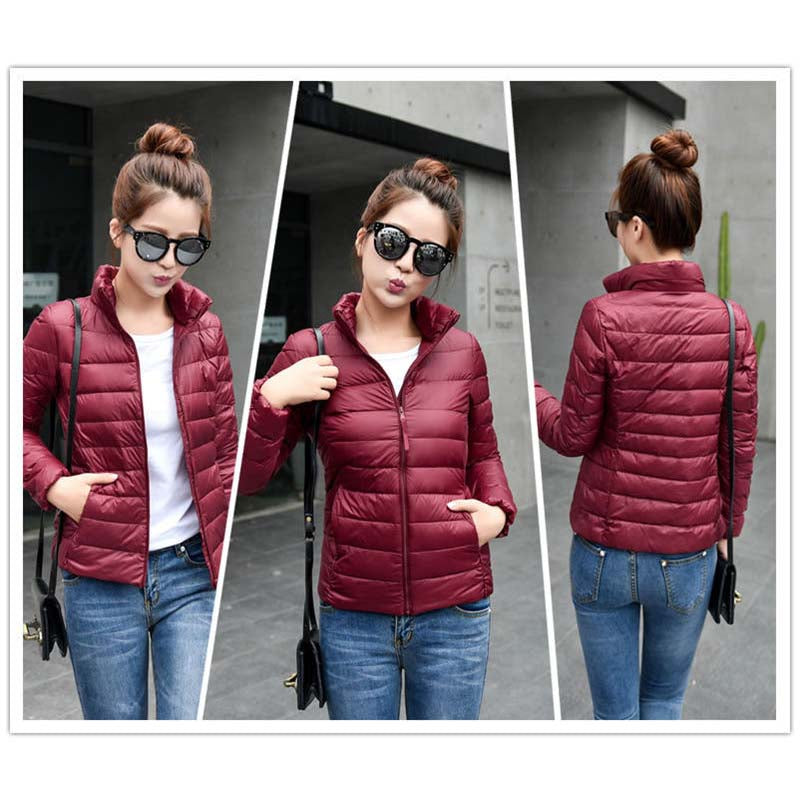 Lookbook Womens Lightweight Puffer Jacket Winter Stand Collar Short Coat-Wine Red