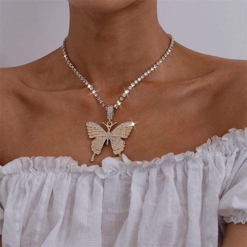 Sparkly Butterfly Rhinestone Pendant Necklaces for Women and Girls-Gold