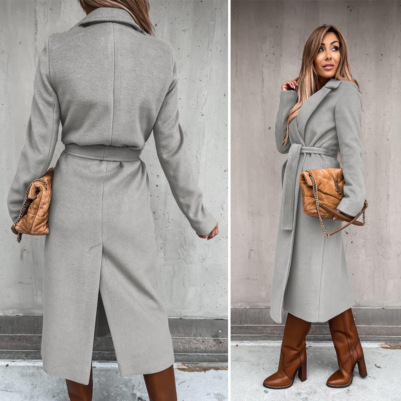 Womens Trench Coats Lapel with Tie Belt Fashion Winter Long Outwear-Light Grey