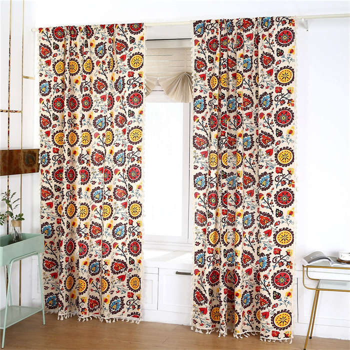 2 Panels Sunflower Pattern Semi-Blackout Window Curtains with Tassels Rod Pocket Design