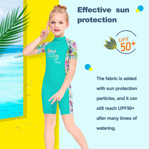 Adore Kids Swimsuit UPF 50+ Sun Protection One-piece Short-sleeved Shorts Beach Quick-drying Swimwear-M150312K-Green