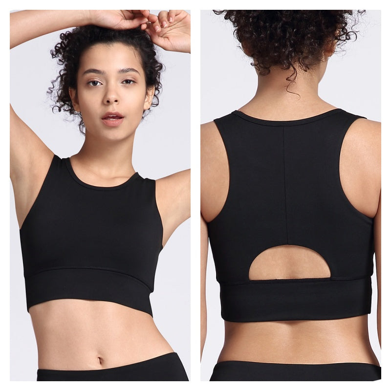 Longline Padded Sports Bra High Impact Workout Crop Tops for Women-Black