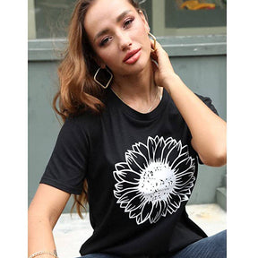 Womens Sunflower Summer Short Sleeve T-shirt Loose Casual Top-Black