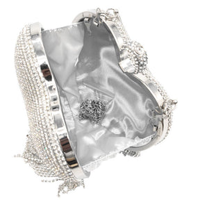 Women Luxury Heart Shape Tassel Evening Clutch Bag Rhinestones Wedding Party Purse-Silver