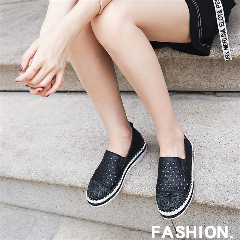 Womens Cutout Loafer with Diamond  Flat Slip on Sneakers-Black