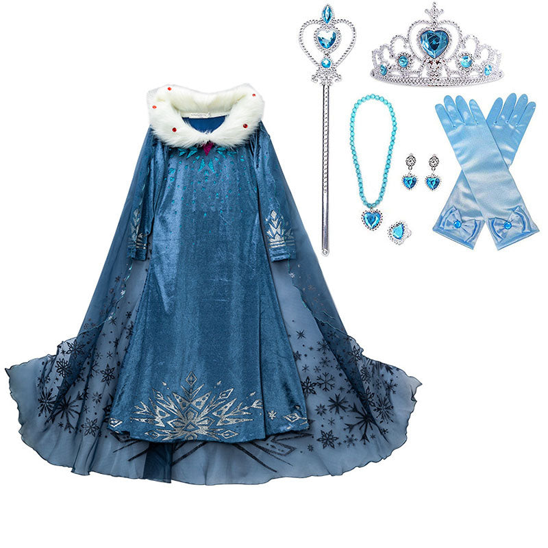Winter Princess Dress for Girls Snow Queen Cloak Halloween Party Cosplay