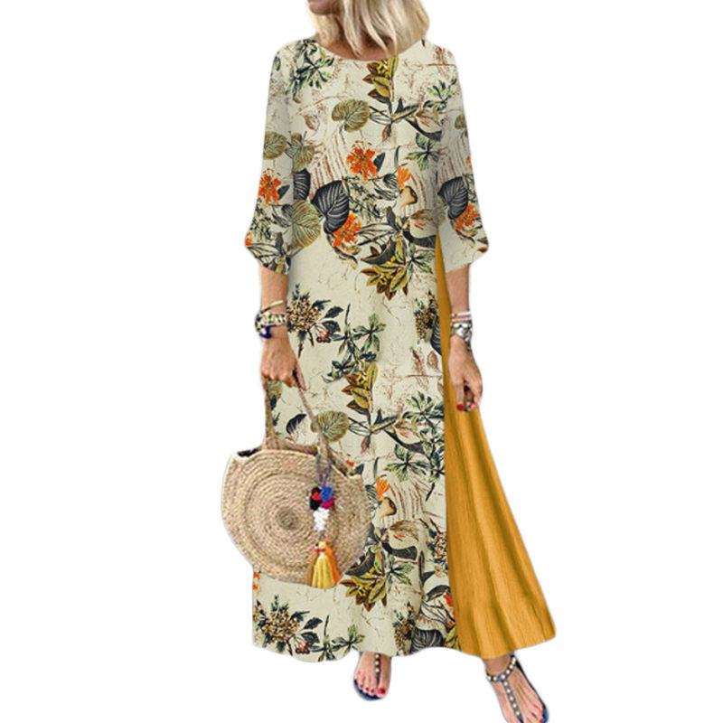 Womens Long Dress 3/4 Sleeve Flowy Floral Casual Dress for Summer-Yellow