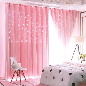 2 Panels Double Layer Stars Blackout Curtains for Bedroom Window-Pink