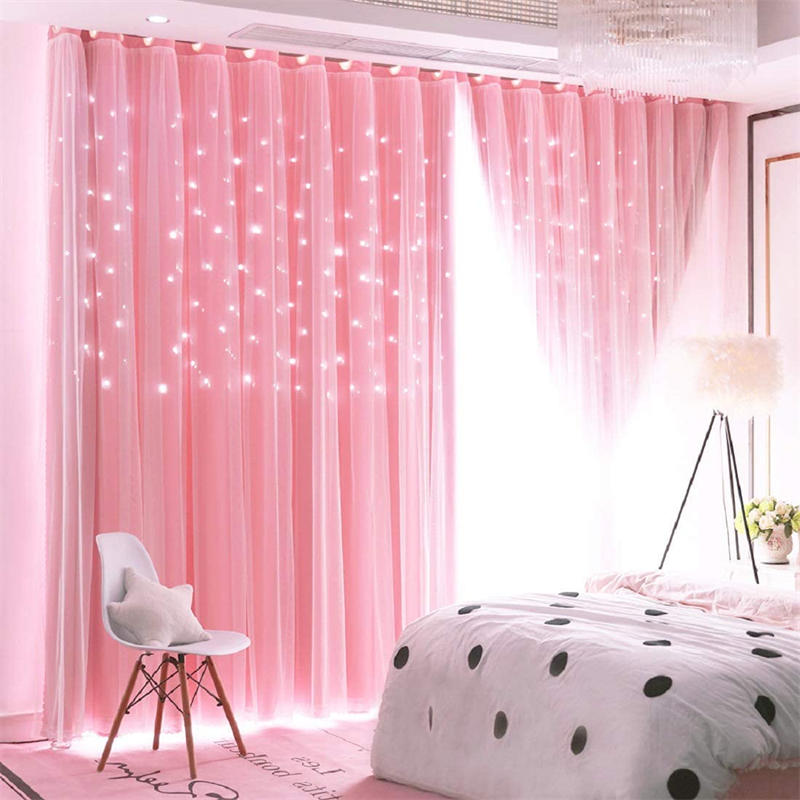 2 Panels Double Layer Stars Blackout Curtains for Bedroom Window-Pink