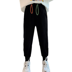 Girls Joggers Long Pants Pockets Outdoor Casual Trousers with Two-color Drawstring-Black