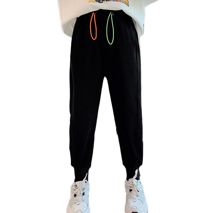 Girls Joggers Long Pants Pockets Outdoor Casual Trousers with Two-color Drawstring-Black