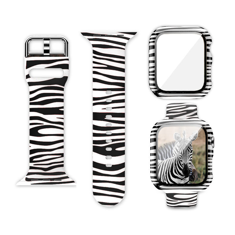 Silicone Printed Watch Band with Screen Protector Case for iWatch Series SE/6/5/4/3/2/1-Zebra
