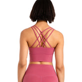 Cross Back Longline Sports Bras Wirefree Padded Crop Tank Top-Dark Pink