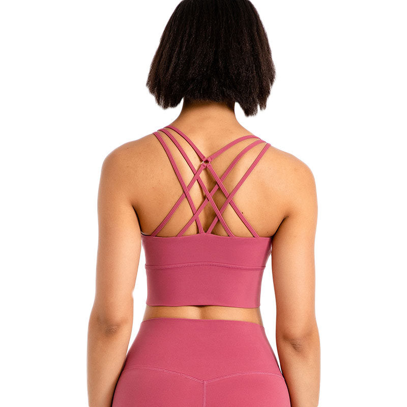 Cross Back Longline Sports Bras Wirefree Padded Crop Tank Top-Dark Pink