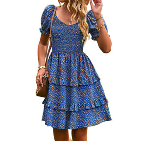 Womens Summer Dress High Waist Floral Smocked Tiered Dresses-Blue
