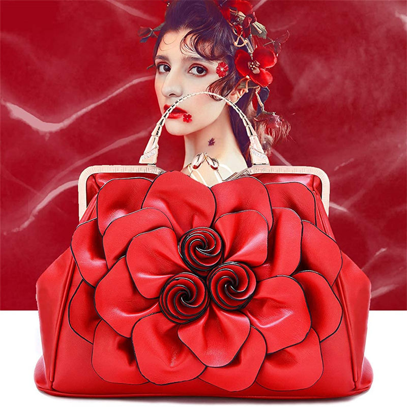 Womens Rose Flower Evening Clutches Formal Party Totes Shoulder Bag-Red