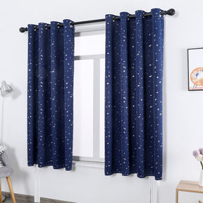 2 Panels Kids Blackout Curtains with Silver Star Print for Bedroom Living Room-Navyblue