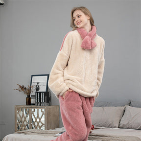 Womens Thickened Coral Fleece Pajamas Set with Scarf-Beige