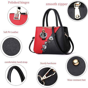 Embroidered Women Top Handle Satchel Fashion Shoulder Bags with Hairball-Red