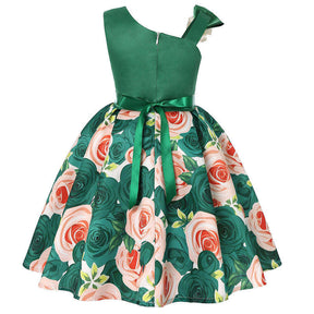 Oblique Shoulder Childrens Dress Rose Print Dress Girls Evening Party Costume-Green