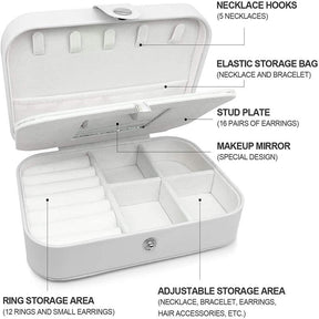 Small Jewelry Box Necklace Ring Double Layer Storage Bag Travel Organizer with Mirror -White