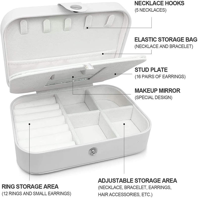Small Jewelry Box Necklace Ring Double Layer Storage Bag Travel Organizer with Mirror -White