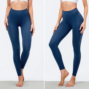 Womens Fleece Leggings with Pockets Tummy Control Thermal Yoga Pants-Blue