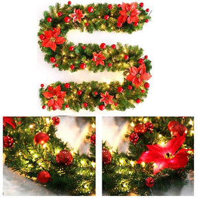 2.7M Christmas Garland with Lights Rattan Artificial Garland Green for Indoor Home Fireplace Stair Decorations-Red