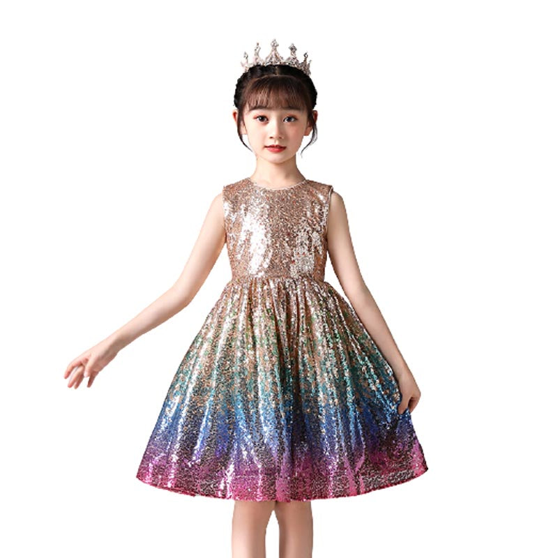 Girls Shiny Sequins Birthday Party Dance Dress-Champagne