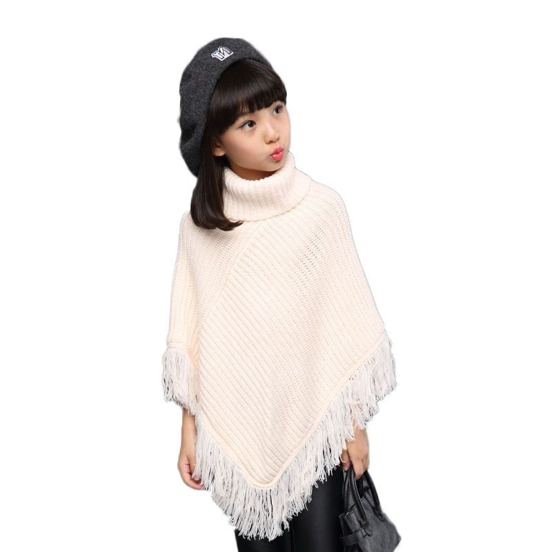 Girls Fall Loose Knitted Pullover Sweaters Poncho Tassel Turtleneck Cloak Cape-White