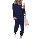 Women Loose Solid Color Long Sleeve Top Casual Drawstring Pants with Pockets-DarkBlue