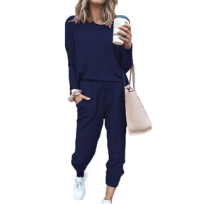 Women Loose Solid Color Long Sleeve Top Casual Drawstring Pants with Pockets-DarkBlue