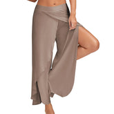 Womens Sports Fitness Yoga Slit Wide Leg Pants-LightBrown